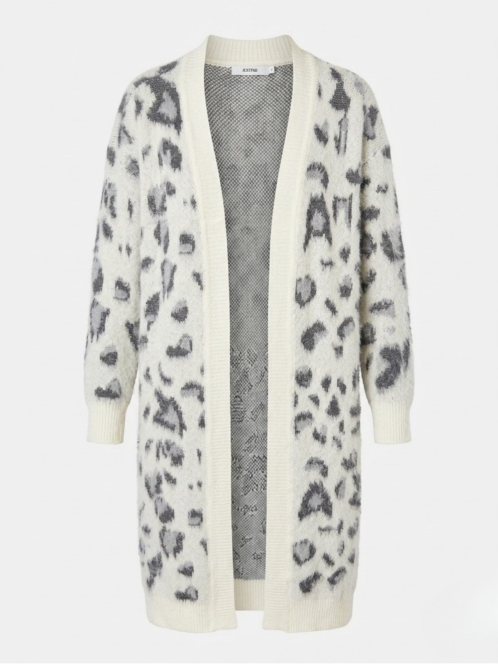 JustFab Open-Front Ivory and‎ Gray Leopard Print Long Cardigan Sweater Small